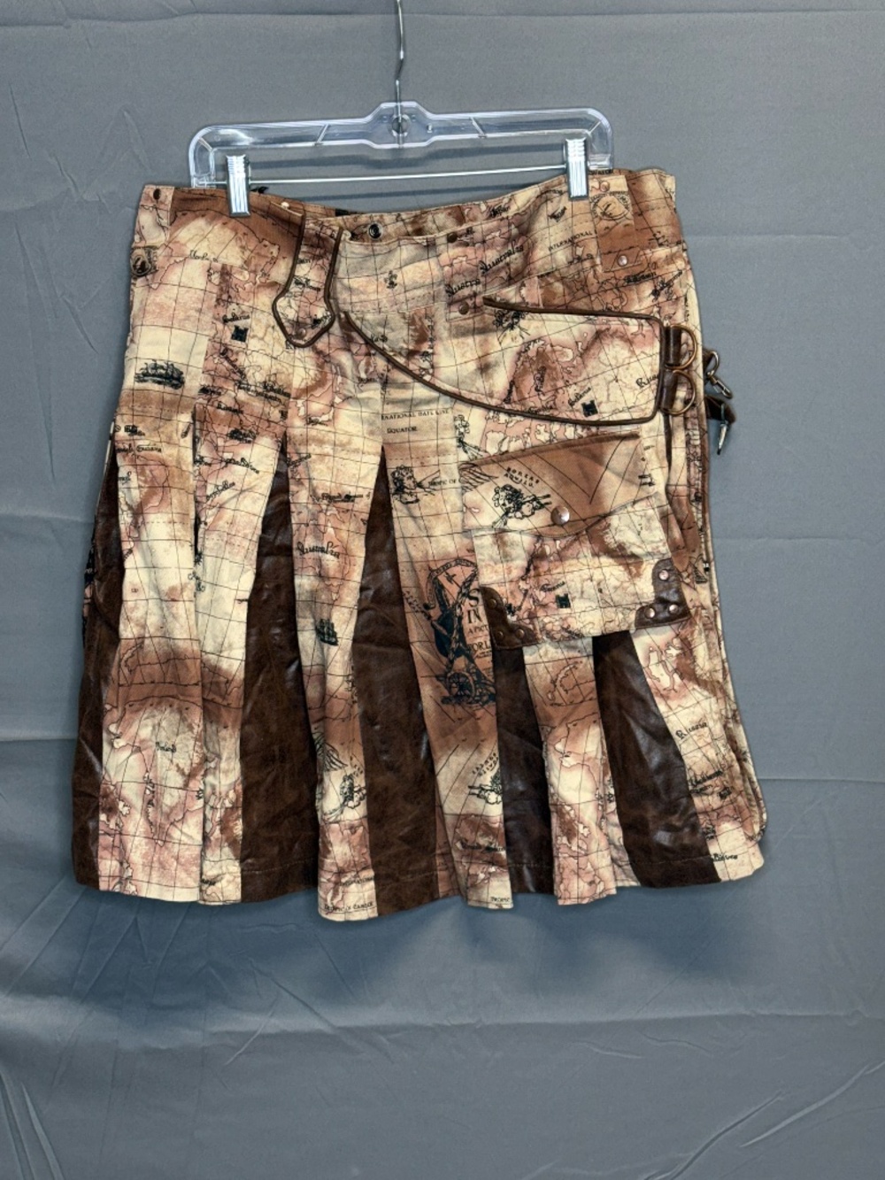 Lip Service Map of the World Pleated Cargo Kilt, Steampunk, Traveler, Goth, Punk - Picture 3 of 11